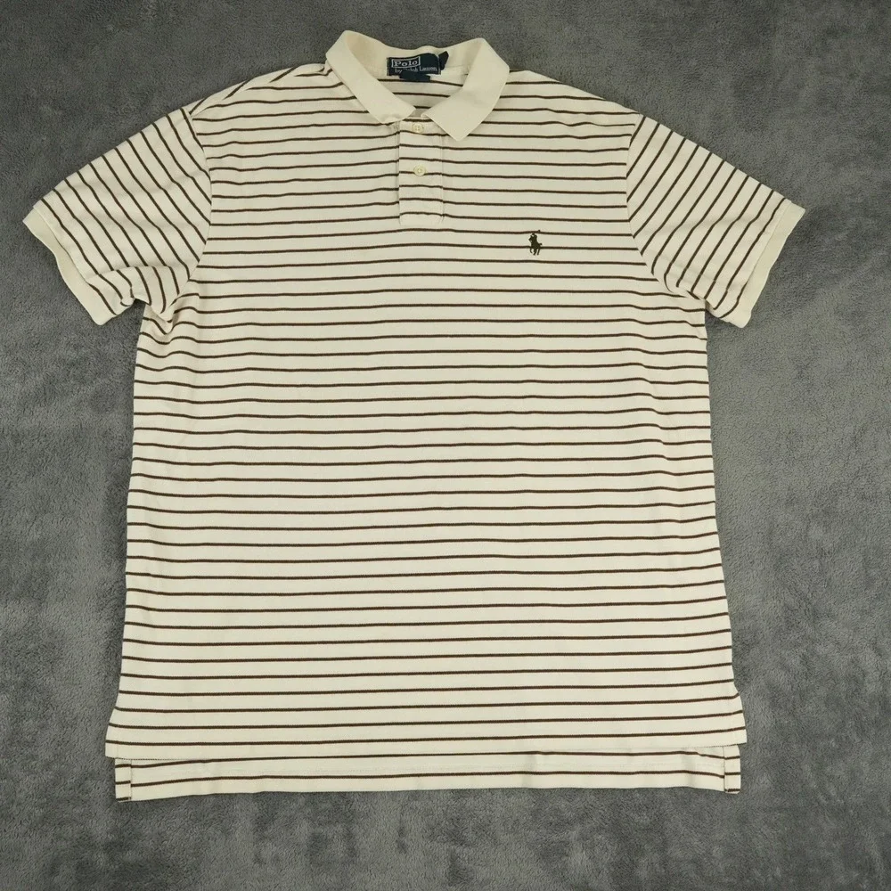 Polo Ralph Lauren Polo Shirt Mens XL Cream Brown Striped Custom Fit Short Sleeve